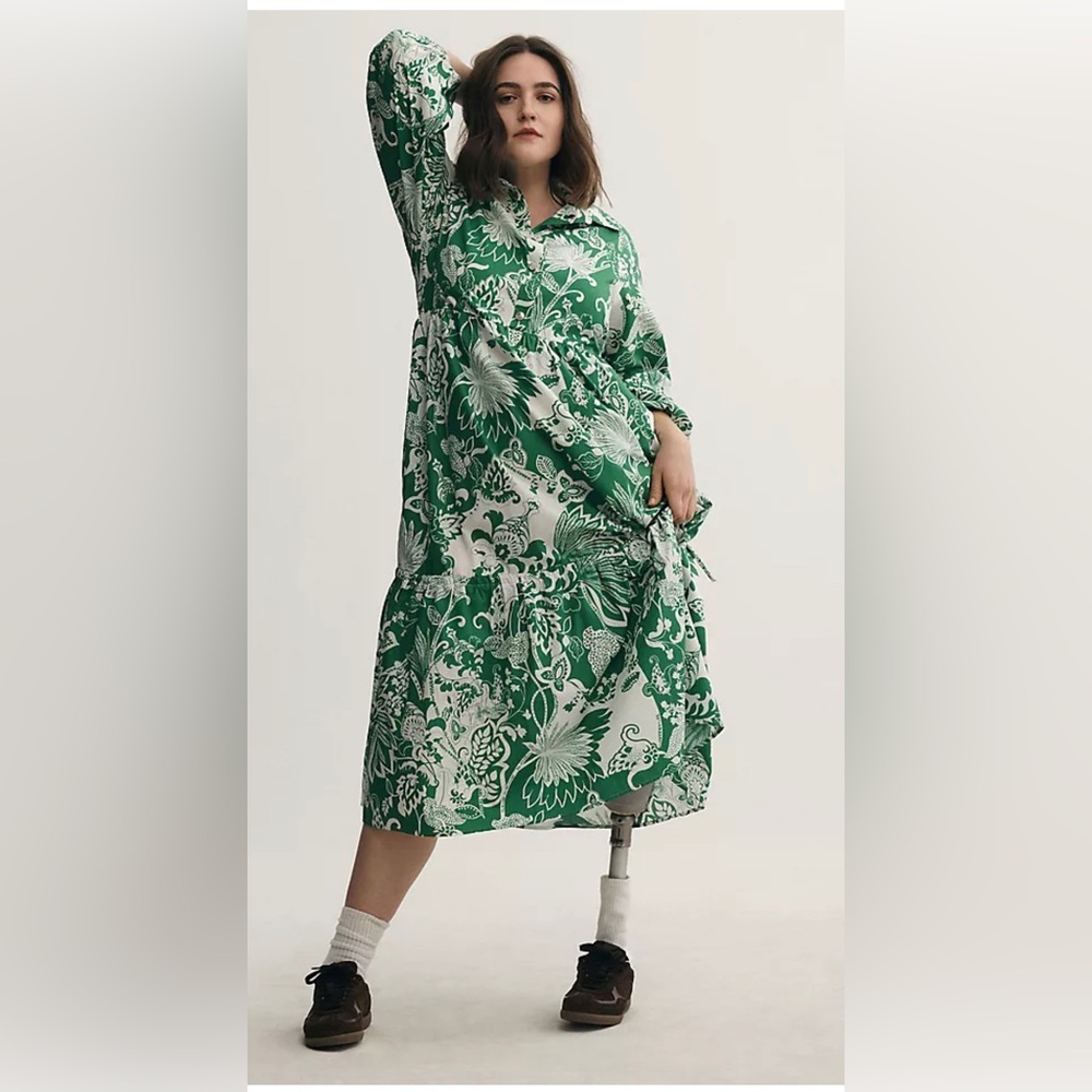 Anthropologie Maeve Bettina  Green Tiered A-Line Midi dress 🌸 3X Sold Out